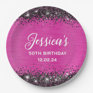 Hot Pink and Black Glitter 50th Birthday Paper Plates