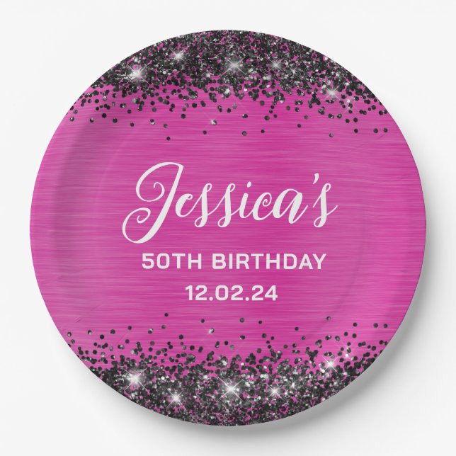 Hot Pink and Black Glitter 50th Birthday  Paper Plates (Front)