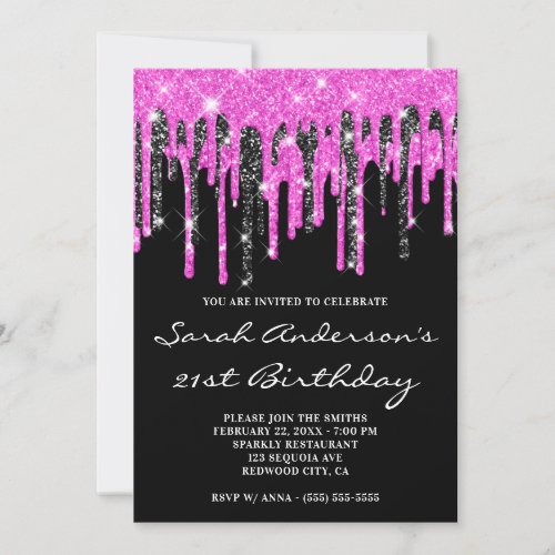 Hot Pink and Black Glitter Drips 21st Birthday Invitation