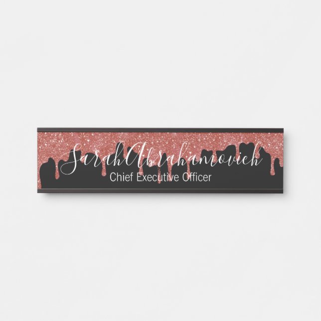 Hot Pink and Black Glitter Drips Office Door Sign (Front)