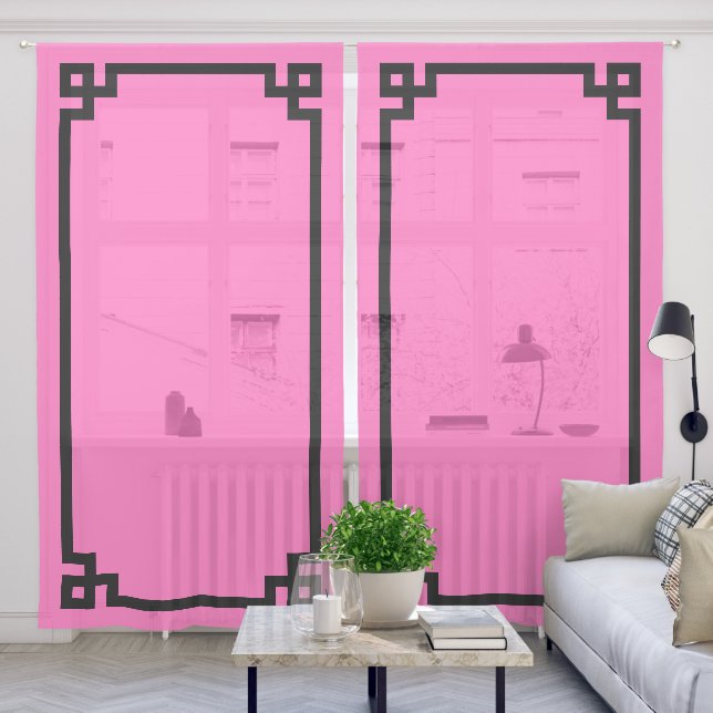 Hot Pink and Black Greek Key Border Sheer Curtains (Living Room)