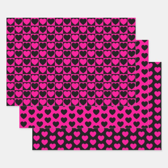 Hot Pink and Black Heart Wrapping Paper Sheets (Set)