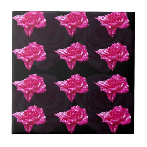 Hot Pink And Black Layer Rose Pattern Tile