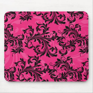 Hot Pink and Black Leafy Scrolls Mousepad