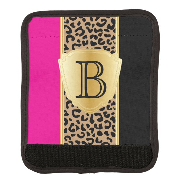 Hot Pink and Black Leopard Animal Print | Monogram Luggage Handle Wrap (Front)