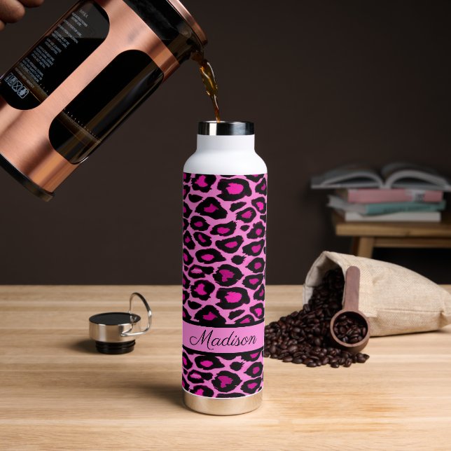 Hot Pink and Black Leopard Print Personalized Water Bottle (Coffee)