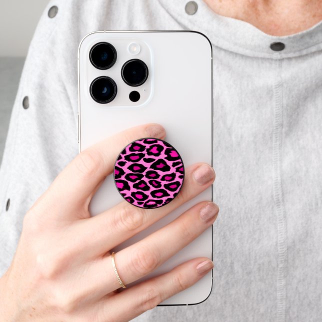 Hot Pink and Black Leopard Print PopSocket (Hand)