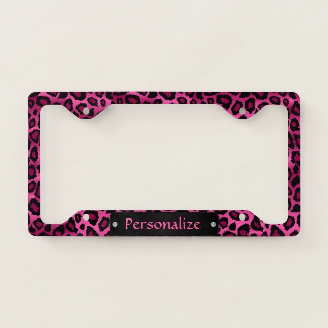 Hot Pink and Black Leopard Skin Pattern License Plate Frame (Front)