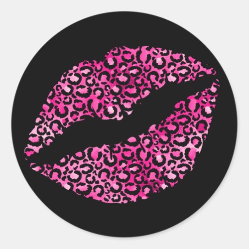 Hot Pink and Black Leopard Spots Lipstick Classic Round Sticker