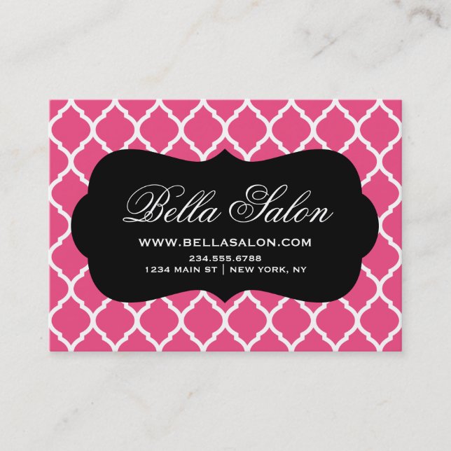 Hot Pink and Black Modern Moroccan Lattice Business Card (Front)