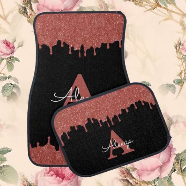 Hot Pink and Black Monogram Glitter Drips Car Floor Mat (Creator Uploaded)