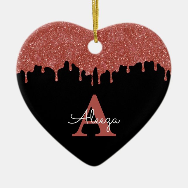 Hot Pink and Black Monogram Glitter Drips Ceramic Ornament (Front)