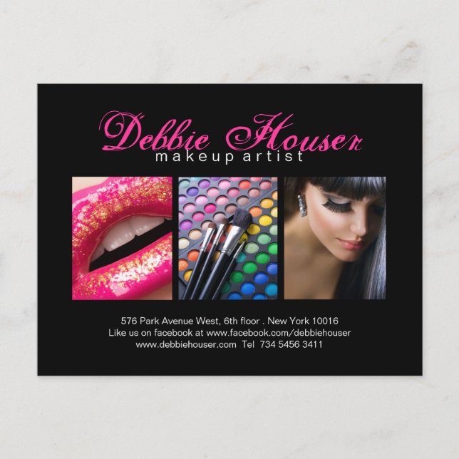 Hot Pink and Black Monogram Makeup Comp Card (Front)