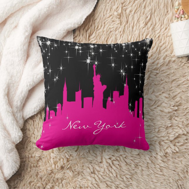 Hot Pink and Black New York Skyline Throw Pillow (Blanket)