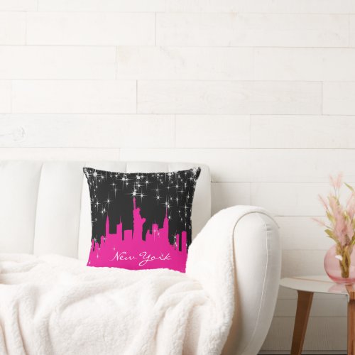 Hot Pink and Black New York Skyline Throw Pillow