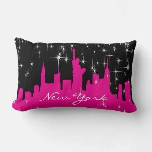 Hot Pink and Black New York Starry Skyline Lumbar Pillow