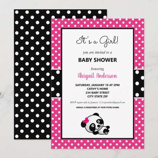 Hot Pink and Black Panda Bear Baby Shower Invitation (Front/Back)