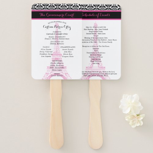 Hot Pink and Black Paris Quinceanera Program Hand Fan