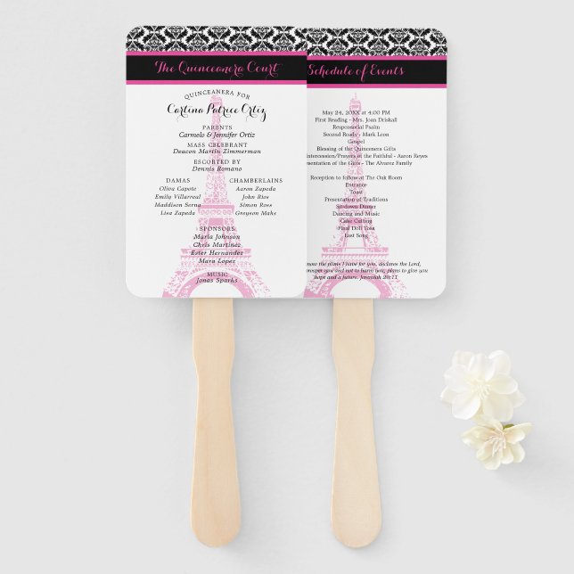 Hot Pink and Black Paris Quinceanera Program Hand Fan (Front and Back)