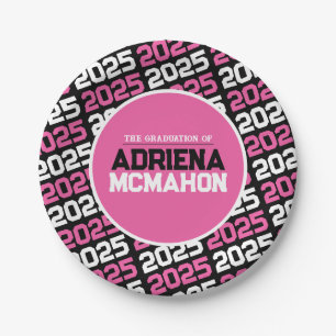 Hot Pink and Black Personalized Graduation Paper Plates