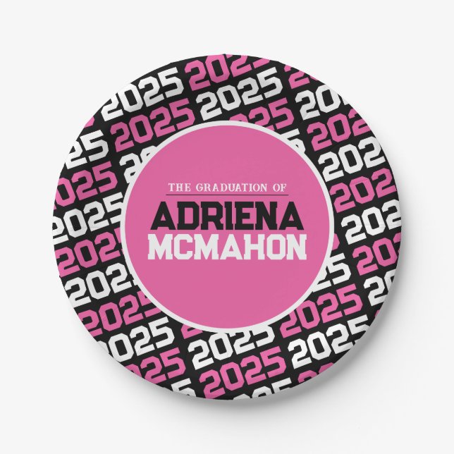 Hot Pink and Black Personalized Graduation Paper Plates (Front)