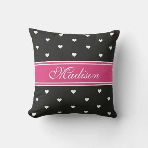 Hot Pink And Black Personalized Name Tiny Hearts Throw Pillow