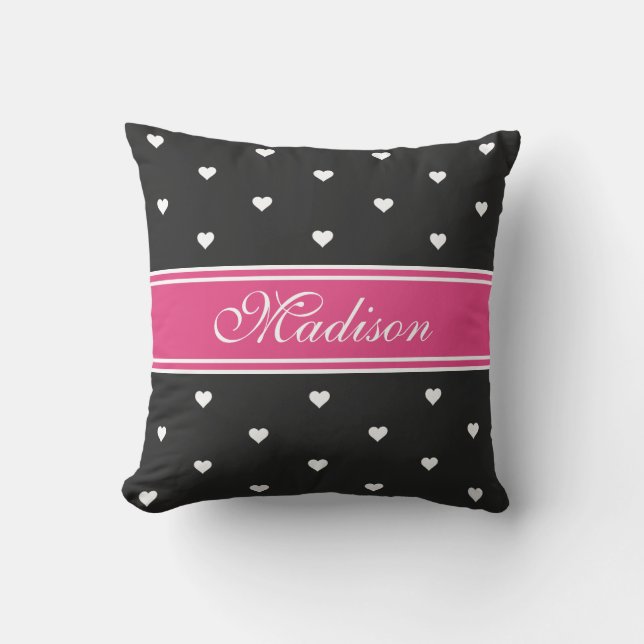 Hot Pink and Black Personalized Name Tiny Hearts Throw Pillow (Front)