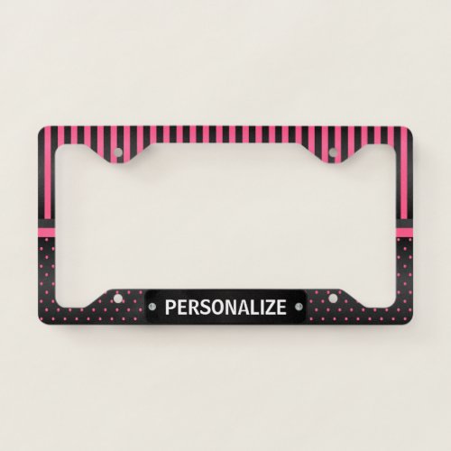 Hot Pink and Black Polka Dot Stripes License Plate Frame