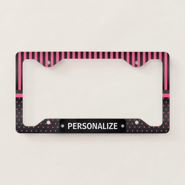 Hot Pink and Black Polka Dot Stripes License Plate Frame (Front)