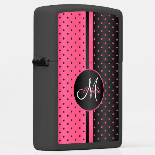 Hot Pink and Black Polka Dots - Monogram Zippo Lighter