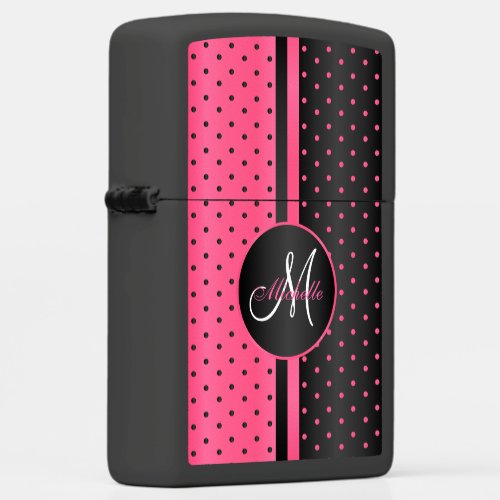 Hot Pink and Black Polka Dots _ Monogram Zippo Lighter