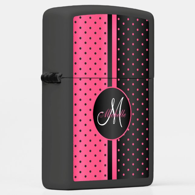 Hot Pink and Black Polka Dots - Monogram Zippo Lighter (Right)
