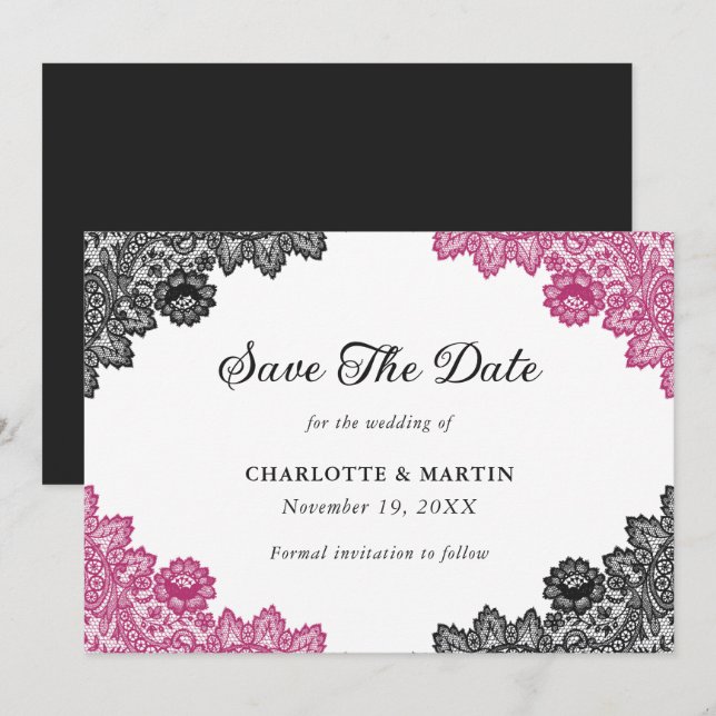 Hot Pink and Black Rustic Floral Lace Wedding Save The Date (Front/Back)