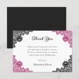 Hot Pink and Black Rustic Floral Lace Wedding Thank You Card