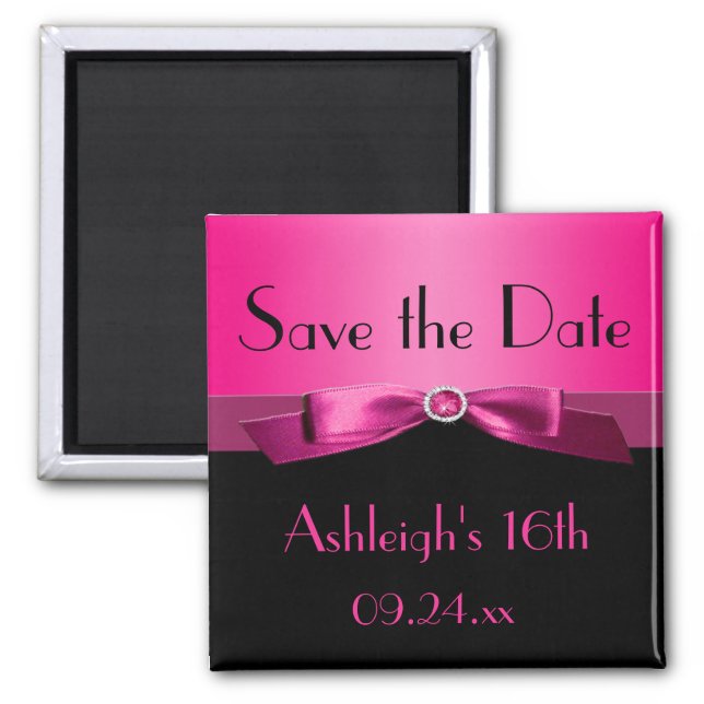 Hot Pink and Black Save the Date Magnet (Front)