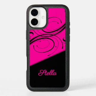 Hot Pink and Black Scroll Accent Personal iPhone 16 Plus Case