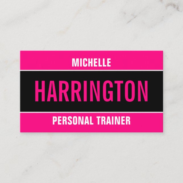 Hot Pink and Black Simple Modern Personal Trainer  Business Card (Front)