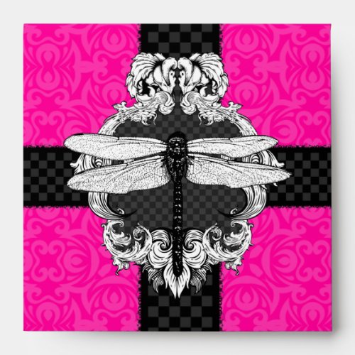 Hot Pink and Black Square Dragonfly Envelopes