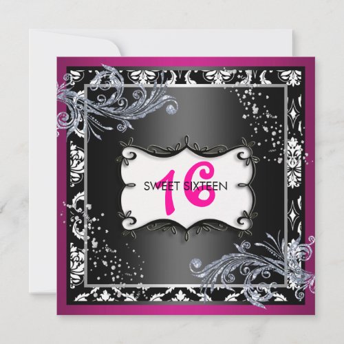 Hot Pink and Black Sweet Sixteen Invitation