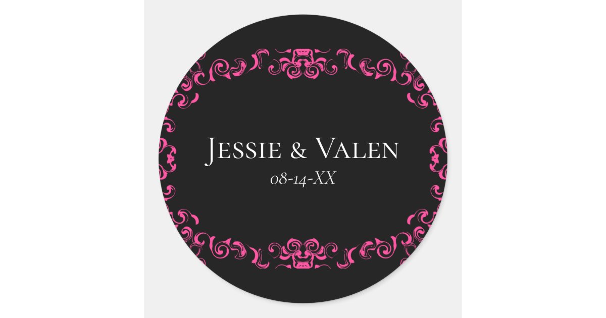 Hot Pink and Black Swirl Gothic Wedding Classic Round Sticker | Zazzle