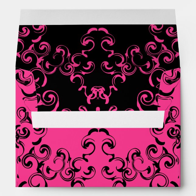 Hot Pink and Black Swirl Gothic Wedding Envelope (Back (Bottom))