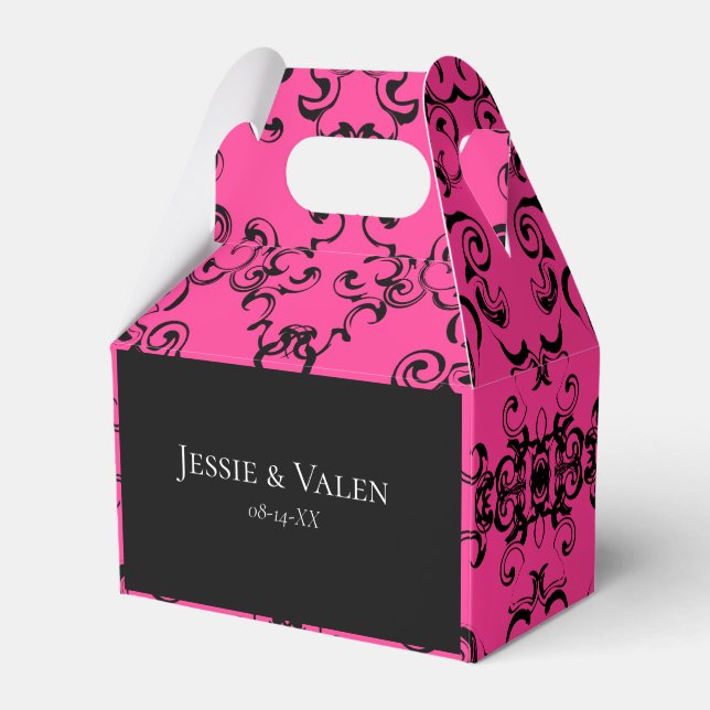 Hot Pink and Black Swirl Gothic Wedding Favor Boxes (Front Side)