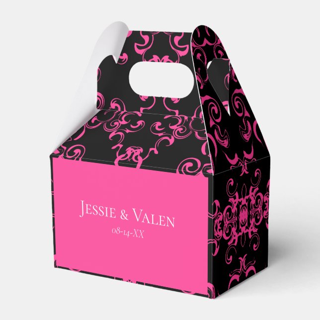 Hot Pink and Black Swirl Gothic Wedding Favor Boxes (Front Side)