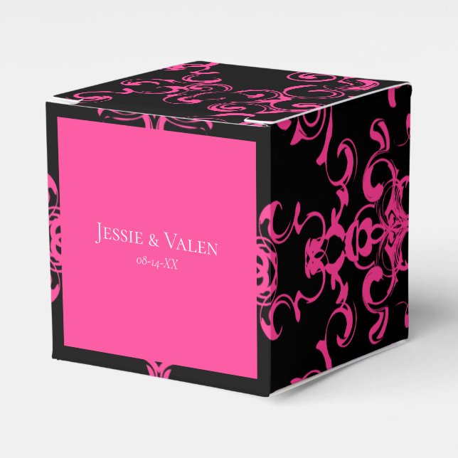 Hot Pink and Black Swirl Gothic Wedding Favor Boxes (Front Side)