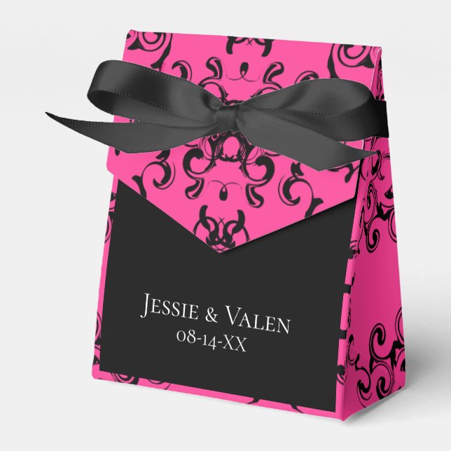 Hot Pink and Black Swirl Gothic Wedding Favor Boxes (Front Side)