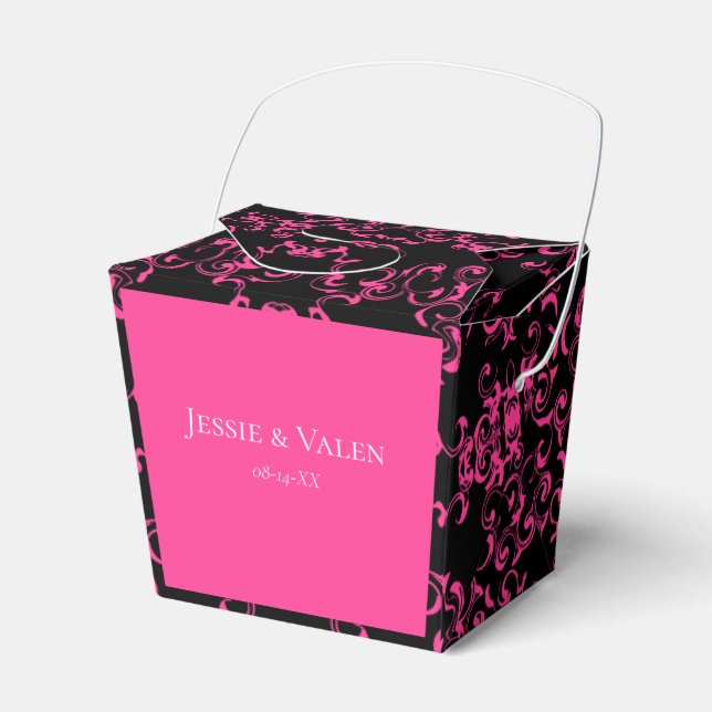 Hot Pink and Black Swirl Gothic Wedding Favor Boxes (Front Side)