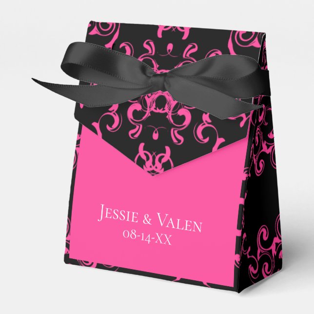 Hot Pink and Black Swirl Gothic Wedding Favor Boxes (Front Side)