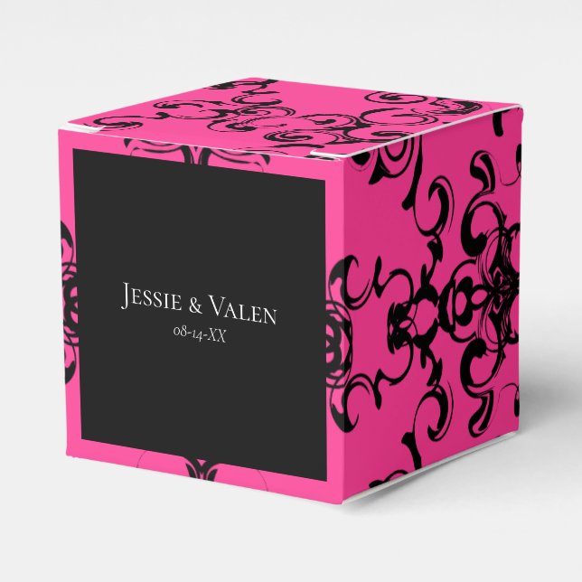 Hot Pink and Black Swirl Gothic Wedding Favor Boxes (Front Side)
