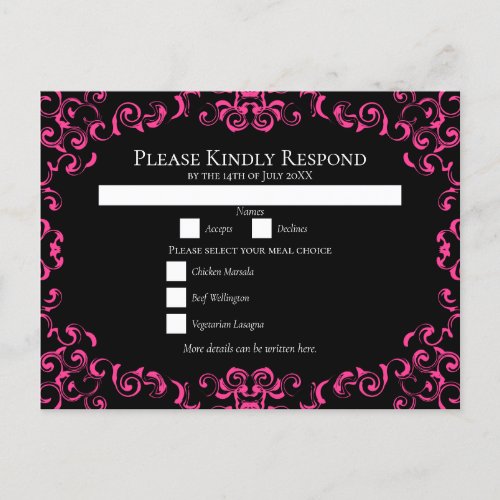 Hot Pink and Black Swirl Gothic Wedding Holiday Postcard