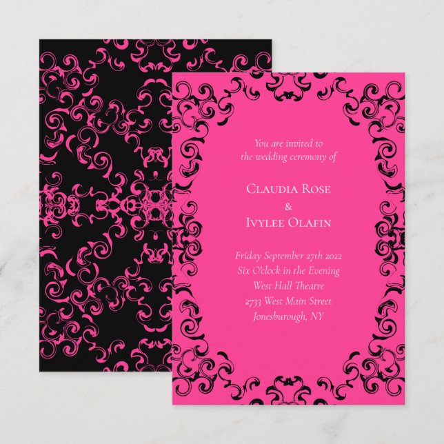 Hot Pink and Black Swirl Gothic Wedding Invitation (Front/Back)